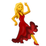 Emoji-style illustration of a woman with blonde hair dancing in a red dress.