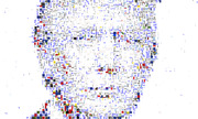 A mosaic portrait of a human face composed of densely packed text fragments, small images, and colorful blocks forming a collage silhouette.