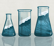 Editorial illustration showing three laboratory beakers and flasks containing stylized ocean waves and melting ice, symbolizing climate science.