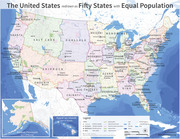 A redrawn map of the United States divided into fifty states with equal population, each given new names like Rainier, Ogallala, and Miami.