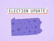 Decorative editorial illustration showing the outline of Pennsylvania filled with stars on a purple background, with an Election Update title banner above.