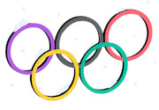 Hand-drawn style illustration of the five Olympic rings in purple, gray, red, yellow, and teal with snow flakes in the background.