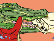 Colorful editorial illustration of a green crocodile with open jaws biting a pale alligator, set against a coral-pink background.