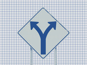 A diamond-shaped road fork sign with two arrows splitting left and right, set against a grid-paper background, used as editorial illustration.