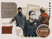 Editorial collage illustration showing masked voters, ballot boxes, multilingual voting signs, and I Voted stickers representing diverse American voters.