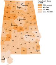 Choropleth map of Alabama counties showing Huckabee's vote share in the 2008 Republican primary, with percentages labeled in each county and a four-tier color legend.