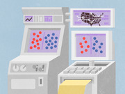 Editorial illustration of retro computer machines displaying dot charts and a US map, symbolizing data journalism or election forecasting technology.