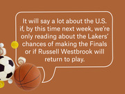 Decorative editorial graphic with a speech bubble quote about U.S. sports coverage and the Lakers, illustrated with various sports balls on a brown background.