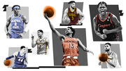 Editorial collage illustration of seven college basketball players in their team uniforms including Memphis State, Creighton, Ramblers, USC, Hokies, Cougars, and Michigan.