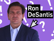 Editorial illustration of Ron DeSantis on a purple background with question marks, exclamation points, and a downward arrow graphic.