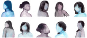 Watercolor illustrations of ten faceless female figures shown from the shoulders up, arranged in two rows, rendered in blue, purple, and gray tones.