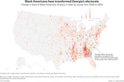 Spike map of the US showing change in share of Black Americans 18+ by county from 2000 to 2020, with Georgia highlighted as having the largest increase.
