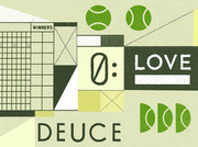 Decorative editorial illustration with tennis themes featuring tennis balls, a scoreboard, and tennis terms like Deuce, Love, and Winners in green tones.