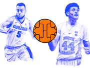 Editorial illustration showing two college basketball players in blue tint, one in Gonzaga number 5 jersey and one in North Carolina number 44 jersey, flanking an orange basketball.