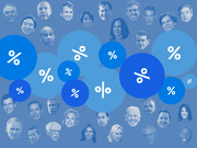 Editorial illustration showing faces of 2020 Democratic presidential candidates surrounding blue circles of varying sizes each displaying a percent sign.