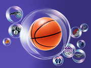 Editorial illustration of a basketball inside a large bubble surrounded by smaller bubbles containing NBA team logos including Nets, Kings, Suns, Magic, Spurs, Trail Blazers, Grizzlies, Pelicans, and Wizards.