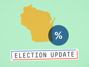 Editorial illustration showing the state of Wisconsin in gold with a blue percentage-sign circle, labeled Election Update in a bordered text box.