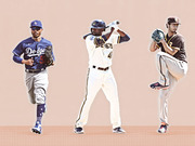 Editorial illustration showing three MLB baseball players in action poses representing the Dodgers, Brewers, and Padres on a pink background.