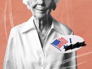 Editorial illustration of an elderly woman in a white shirt wearing an I Voted sticker with an American flag, set against a coral background.