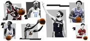 Collage of college basketball players in their team uniforms including Alabama, Memphis, Gonzaga, Duke, Vermont, Broncos, and Davidson.