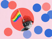 Editorial collage illustration showing a person in a red cap holding a rainbow pride flag, surrounded by red and blue circles on a pink background.