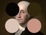 Editorial illustration of a George Washington portrait overlaid with four colored circles sampling colors from the painting: black, dark olive, light beige, and dusty rose.
