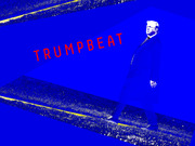 Stylized blue-toned editorial illustration showing a silhouetted figure of Trump with the word TRUMPBEAT in red letters on a bold blue background.