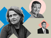 Editorial collage illustration featuring three black-and-white portraits of politicians against a tan background with blue and pink geometric shapes.