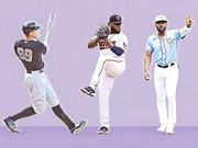 Editorial illustration of three MLB baseball players in uniform against a purple background, including a Yankees batter (99), a Twins pitcher, and a Rays fielder.