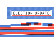 Decorative editorial illustration with the text Election Update in a framed box over a blue grid background with red and blue abstract shapes below.
