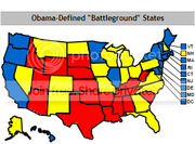 US map showing Obama-defined battleground states color-coded in blue, red, and yellow with a legend for northeastern states.