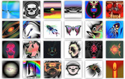 A grid of 24 abstract and surreal digital artworks featuring skulls, butterflies, faces, and other forms in vivid colors and swirling patterns.