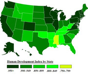 Choropleth map of the United States showing Human Development Index by state, with five color-coded ranges from 0.750-0.799 to 0.950+.