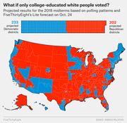 US congressional district map showing projected 2018 midterm results if only college-educated white people voted, with 233 Democratic and 202 Republican districts.