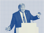 Blue-tinted editorial illustration of a man in a suit speaking at a podium with hands gesturing, set against a grid-paper background.