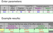 A statistical calculator interface showing input parameters and example results for effect statistic confidence limits, with threshold values for benefit and harm.