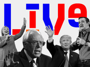 Editorial graphic showing black-and-white photos of four 2016 presidential candidates overlaid on a large colorful LIVE text in blue and red.