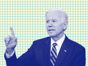 Stylized blue-tinted editorial illustration of Joe Biden pointing with one finger against a yellow grid background.
