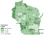 Choropleth map of Wisconsin counties showing Ron Paul's vote share in 2008, with counties shaded in four green tiers from 3% or less to 8% or more.
