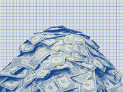 Blue-tinted editorial illustration of a large pile of US dollar bills against a graph-paper grid background.