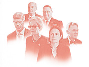 Red-tinted editorial illustration showing a collage of six figures, likely impeachment witnesses, against a white background.