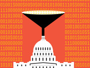Editorial illustration showing a funnel over the US Capitol dome against a red background filled with binary code and dollar signs, symbolizing money in politics.