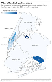 Choropleth map of New York City showing percentage of Uber, yellow cab, and green cab pickups by census tract from April through September 2014, with Manhattan and airports highlighted.