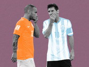 Stylized editorial illustration of two soccer players wearing number 10 jerseys for Netherlands and Argentina facing each other against a purple background.