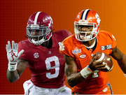 Editorial illustration of two college football players, one in Alabama crimson number 9 and one in Clemson orange number 4, against a red-orange gradient background.