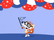 FiveThirtyEight's cartoon fox mascot wearing glasses holds a blue DNC pennant flag under red, white, and blue star-spangled bunting decorations.
