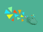 Decorative illustration of two clapping hands emoji emitting colorful triangles on a teal background.