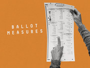 Editorial illustration showing hands holding an official ballot on an orange background with the text Ballot Measures.