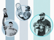 Editorial illustration showing three sports champions holding trophies, representing NFL, MLB, and NBA championship winners in a blue-toned graphic style.