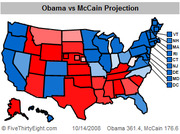 US electoral map showing Obama vs McCain 2008 election projection with states colored blue for Obama and red for McCain, dated 10/14/2008.
